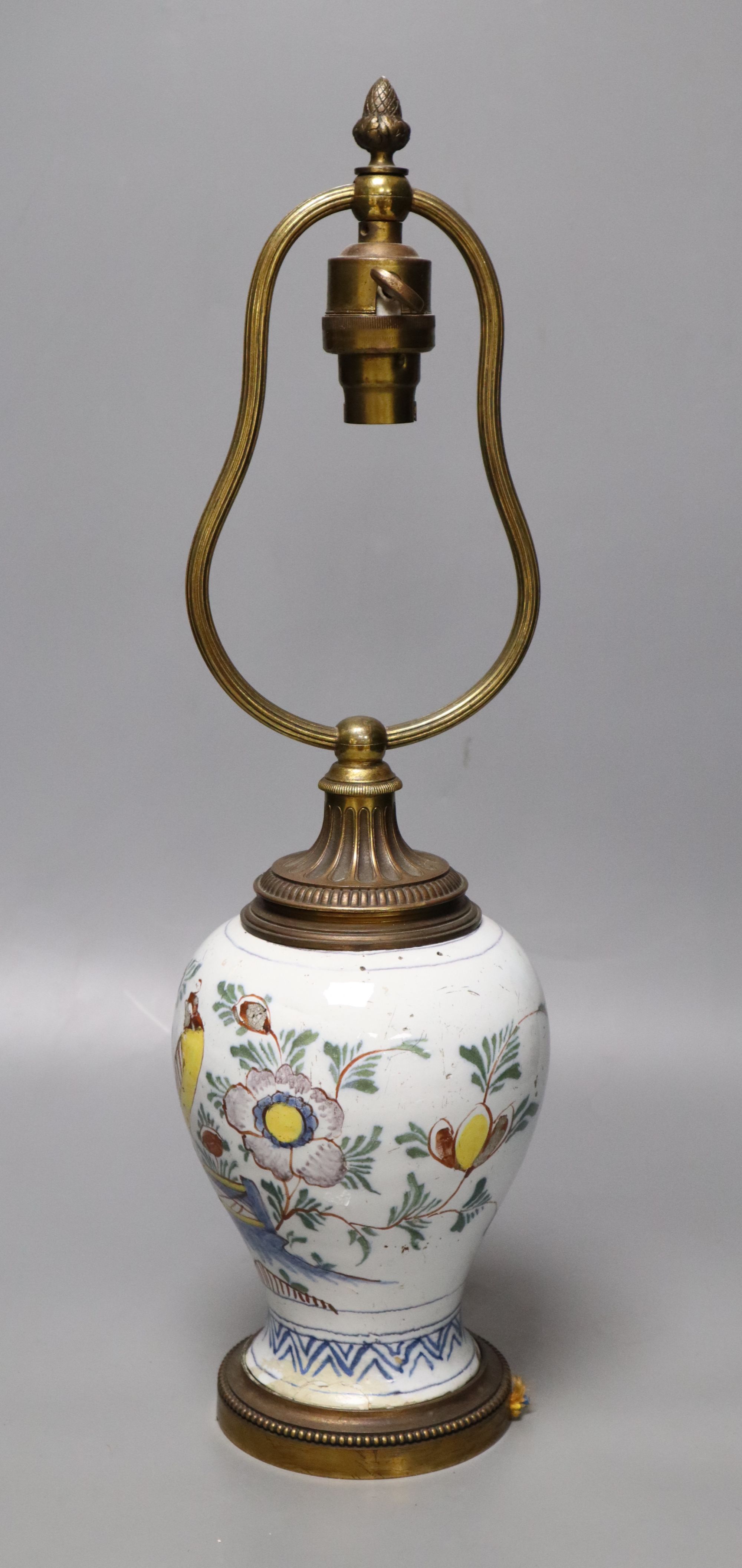 An 18th century Delft pottery vase converted to a lamp, overall height 46cm